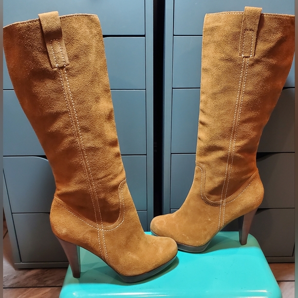 Guess Shoes Guess Cordelia Knee Hi Camel Brown Leather 3 Heel Boots